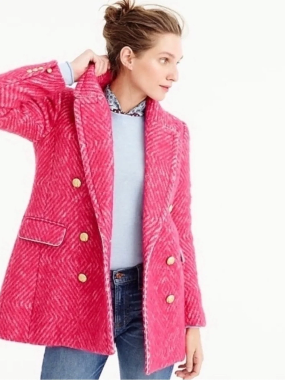 J. Crew Women's Diamond Tweed Peacoat‎ In Raspberry bubblegum pink  Wool Size: 2